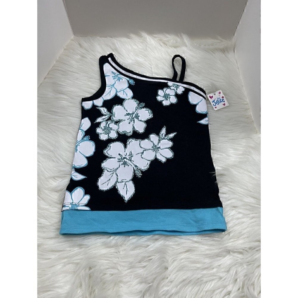 NEW JUSTICE Tank Sleeveless Girl's Size 5 Glitter Blue Floral Sparkle Multicolor